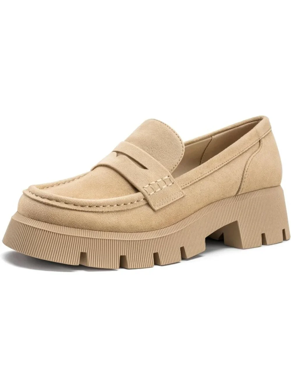 Women's Camel Round Toe Heeled Chunky Lug Sole Slip On Casual Penny Loafer Shoes